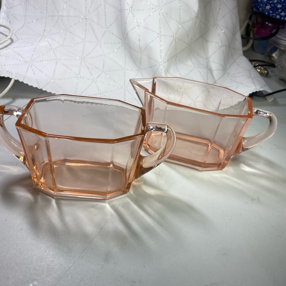 Depression glass cream and sugar set. Art deco